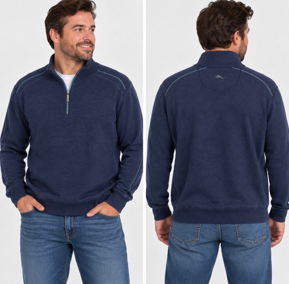 Tommy Bahama S/P Navy 1/4 Zip Pullover Sweater 100% Cotton Marlin- reversible
